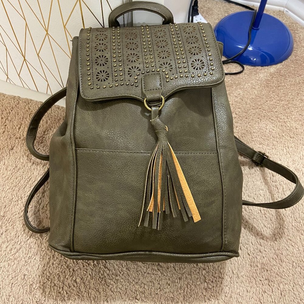 New, never-used olive color backpack, faux leather.